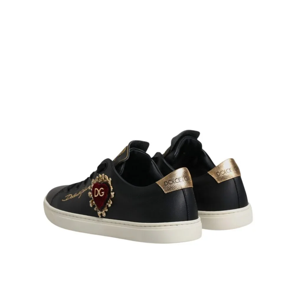 Dolce & Gabbana Black Leather Gold Red Heart Sneakers Shoes - Picture 5 of 9